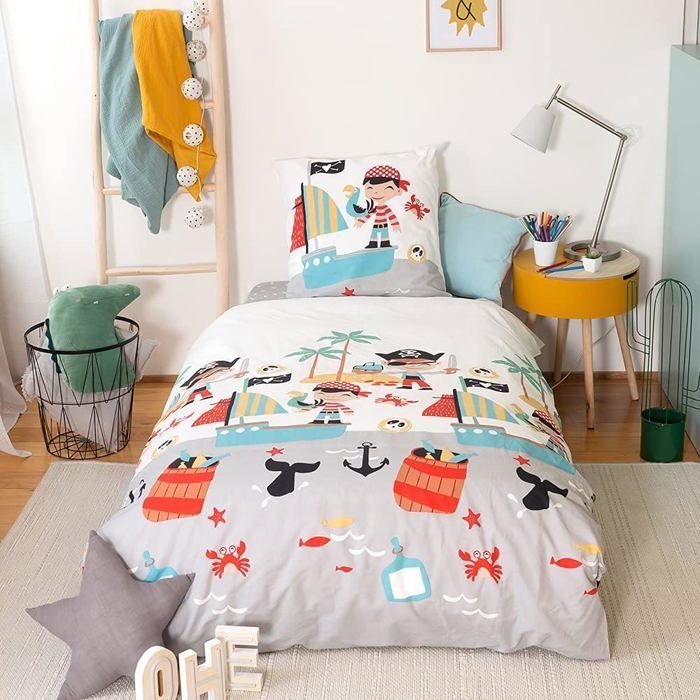 Reversible Children's Bedding Set - Firefighter and Pirate Design - Duvet Cover 140x200cm + 1 Pillowcase 63x53cm - 100% Organic Cotton*