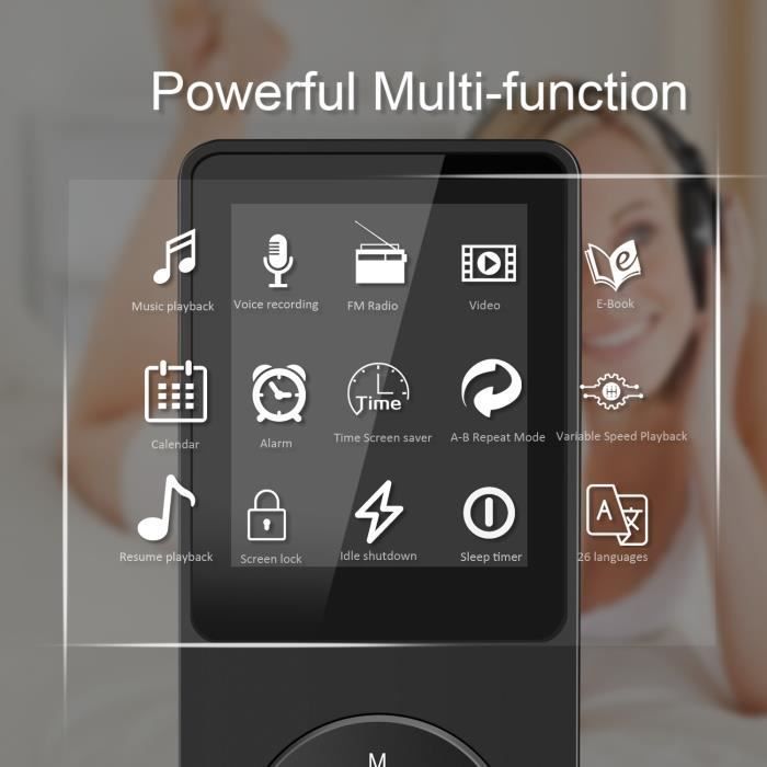 Lecteur MP3 AGPTEK 8Go avec écran 1.8” et autonomie de 70h - Noir