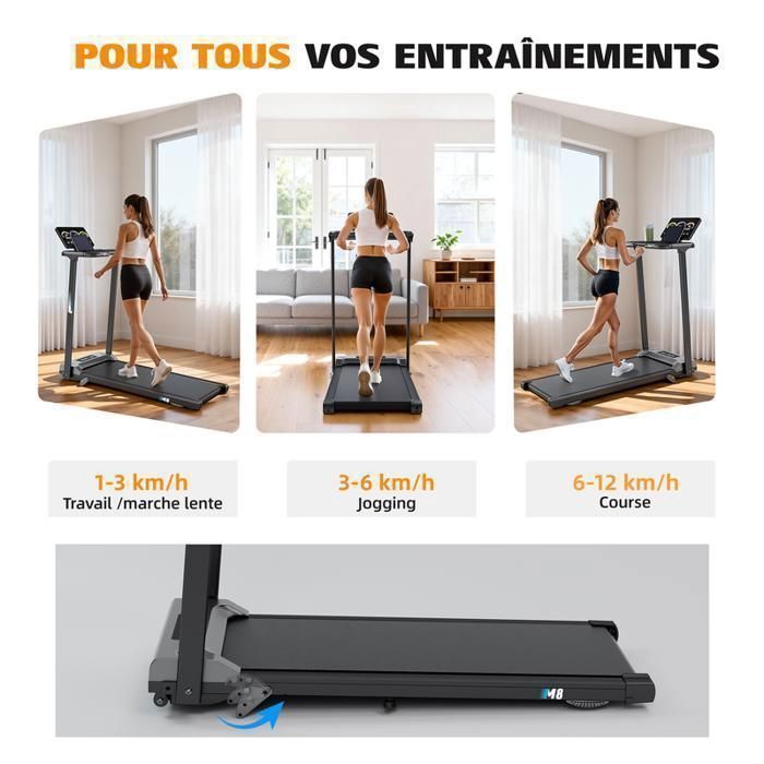 RAOO MIN Tapis de course pliable 3,0 HP - 12 km/h, inclinaison 11%, capacité 150 kg, 12 programmes