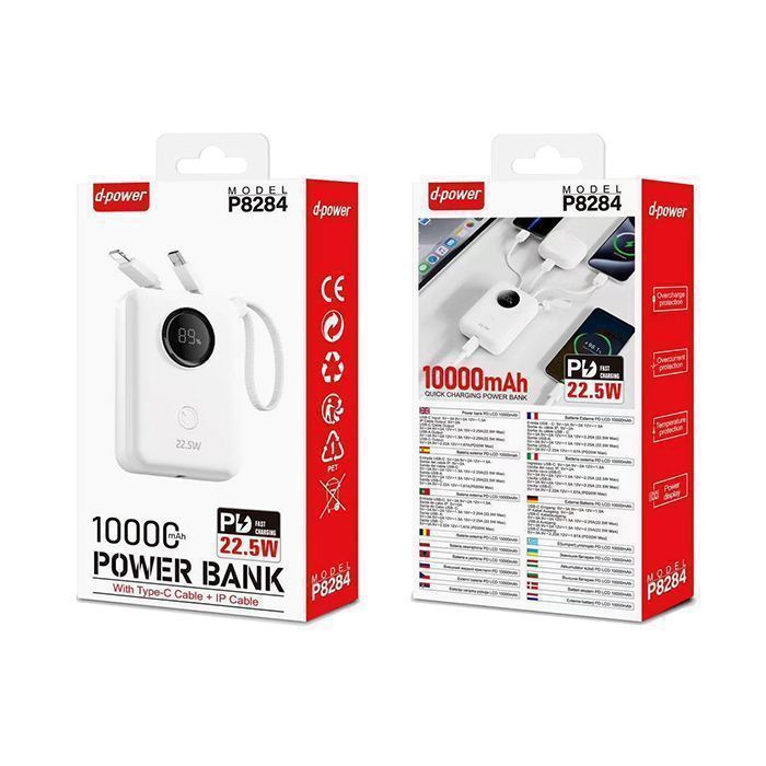 d-Power Batterie Externe 10000mAh LED Mini Power Bank PD 22.5W Rapide 2 Sortie USB/USb-C 2 Cable Lightning/USB-C Chargeur Portable