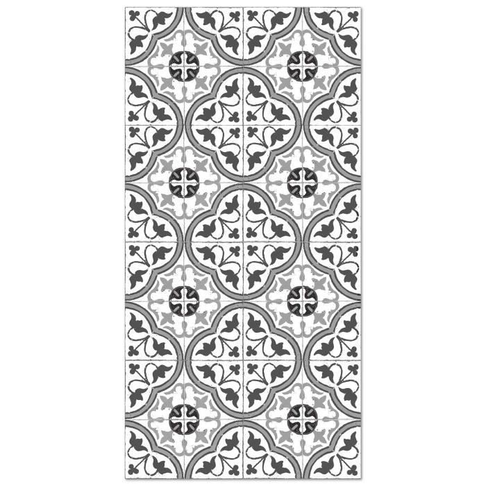 Panorama-Vinylteppich mit Zementfliesen- und Blumenmuster, Grau, 160 x 230 cm - PVC-Teppich für Küche, Büro und Wohnzimmer
