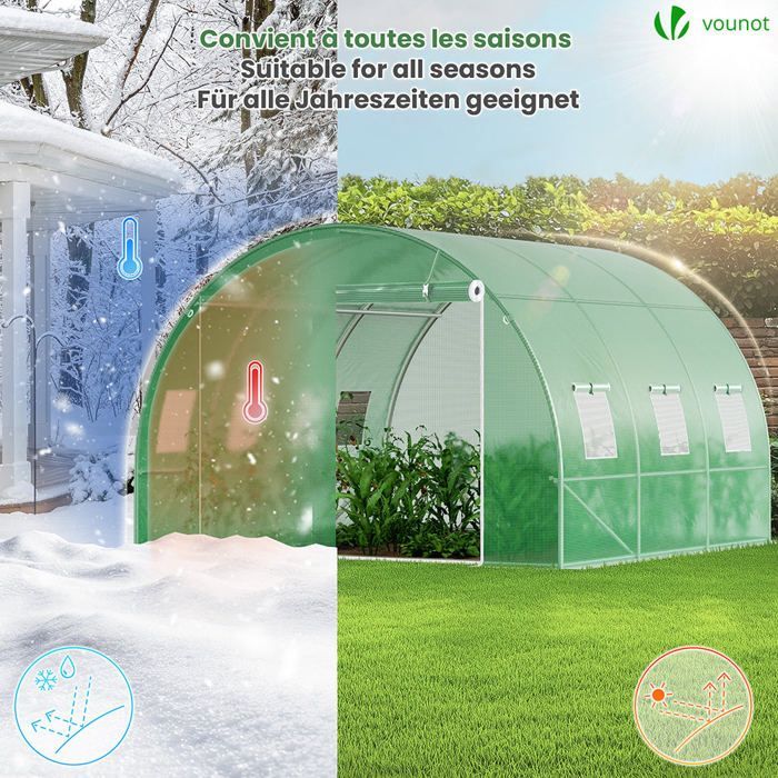 Serre de jardin tunnel - VOUNOT - 9m² Vert - Acier galvanisé - Fenêtre anti-moustiquaire, porte enroulable, barre anti-tempête