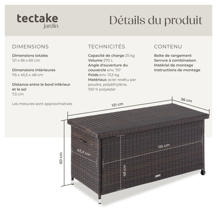 Outdoor storage - TECTAKE - KIRUNA polyrattan garden storage box with handles and 2 wheels, 121 x 56 x 60 cm, 270 L - Brown