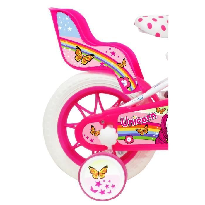Vélo enfant Fille 12'' LICORNE/UNICORN - Blanc & Rose - 1 Frein - Panier avant et porte poupée