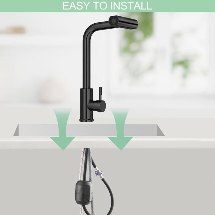 Rubinetto da cucina con doccetta estraibile, girevole a 360°, miscelatore da cucina in acciaio inox con 4 modalità di getto, nero