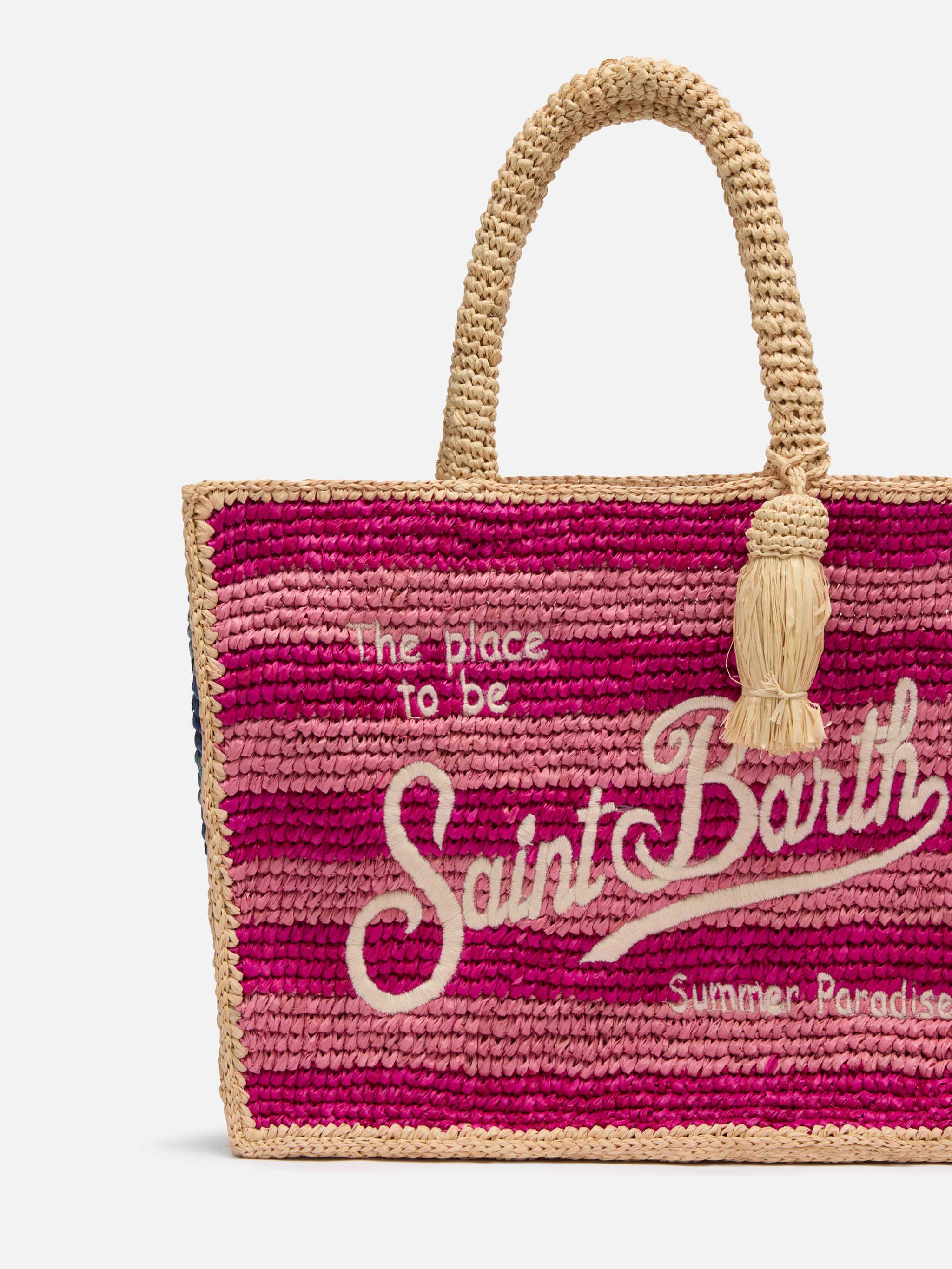 Colette-tas van veelkleurig gestreept raffia met geborduurd logo.