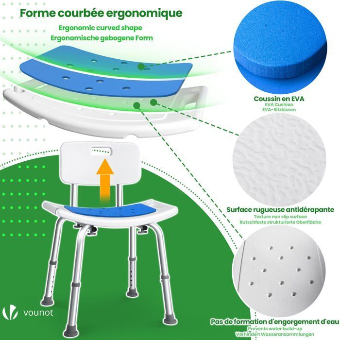 VOUNOT® Duschstuhl mit ergonomischer Rückenlehne – Höhenverstellbar – Rutschfeste Füße – Sitzfläche aus Aluminium und HDPE – Blau