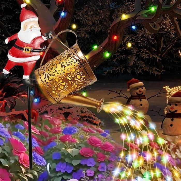 Gieter met zonneverlichting en kerstmanfiguur, kerstdecoratie met fonteineffect, waterdichte kleurrijke LED-lichtslinger voor de tuin