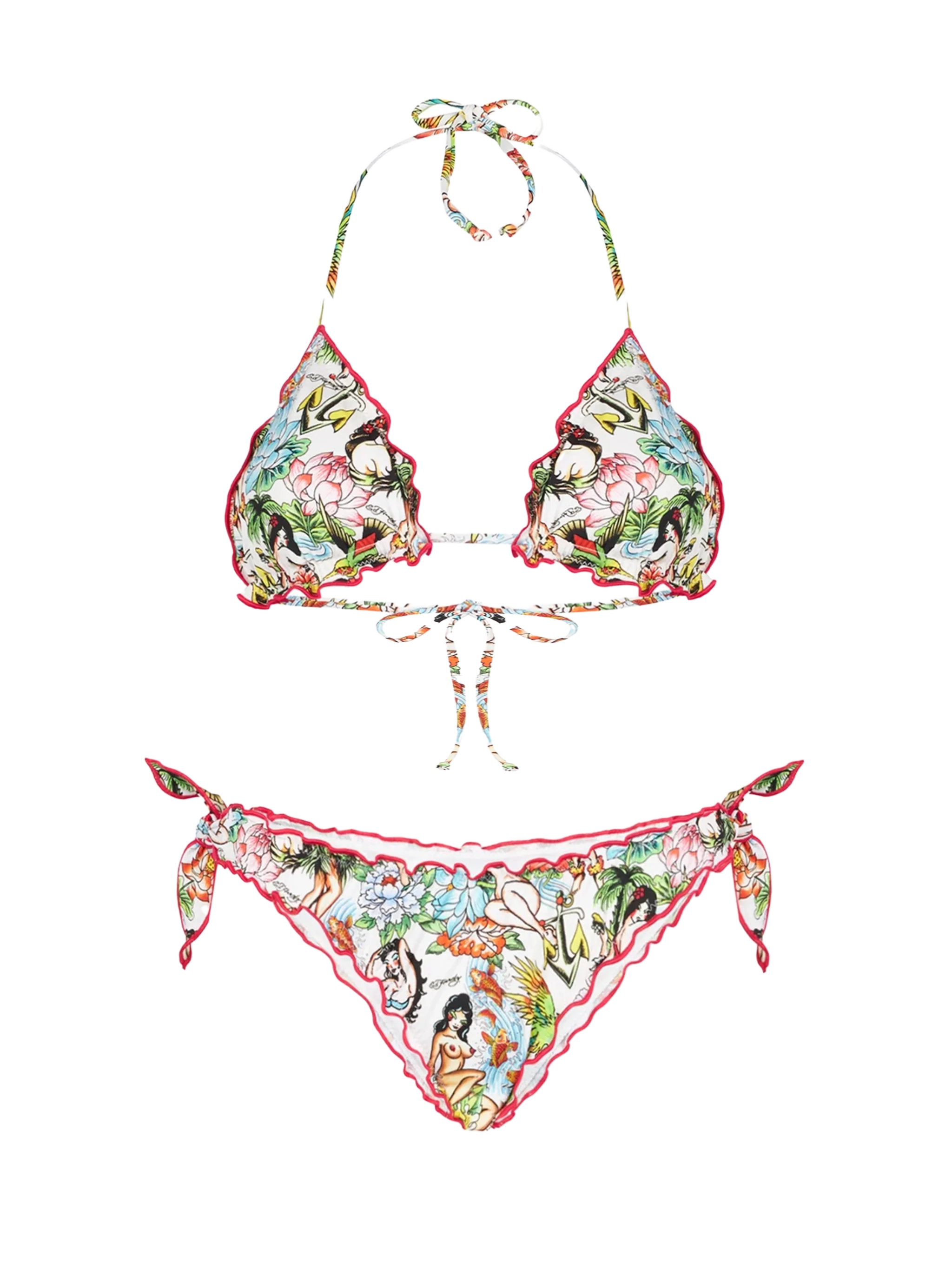 Dames driehoekbikini met hoog uitgesneden broekje en tattoo-print.