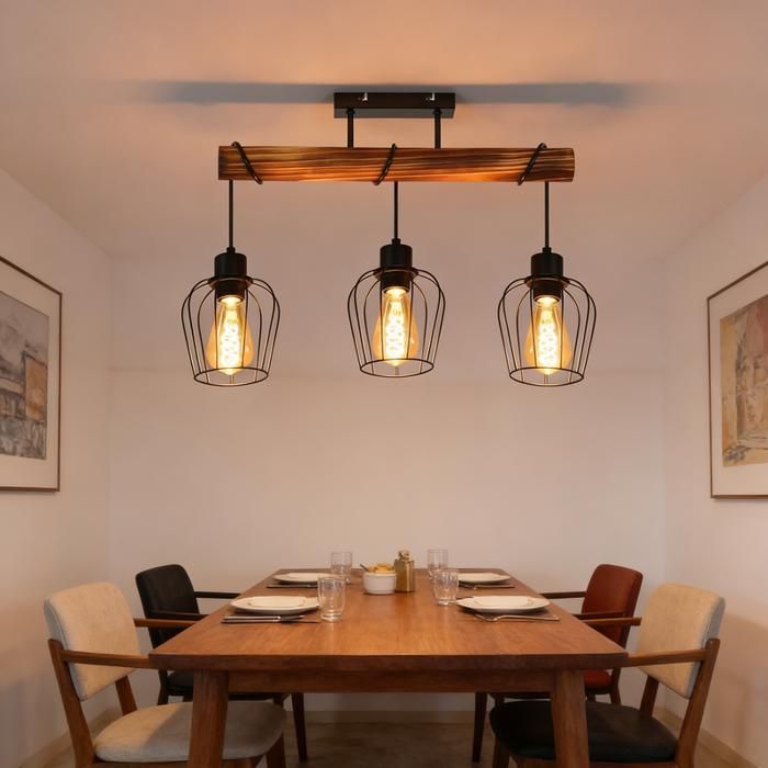 Lámpara de techo Homefire 3x E27 Vintage de madera - Metal y madera - Altura regulable - 52*13*43cm - Negra