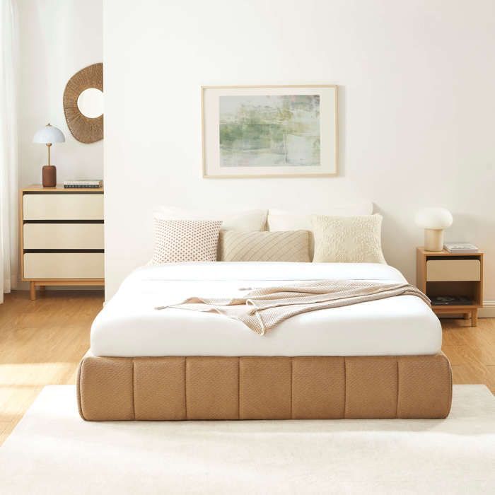 Lit coffre LAVINIA tissu chenille caramel 160x200 sommier inclus - Marron