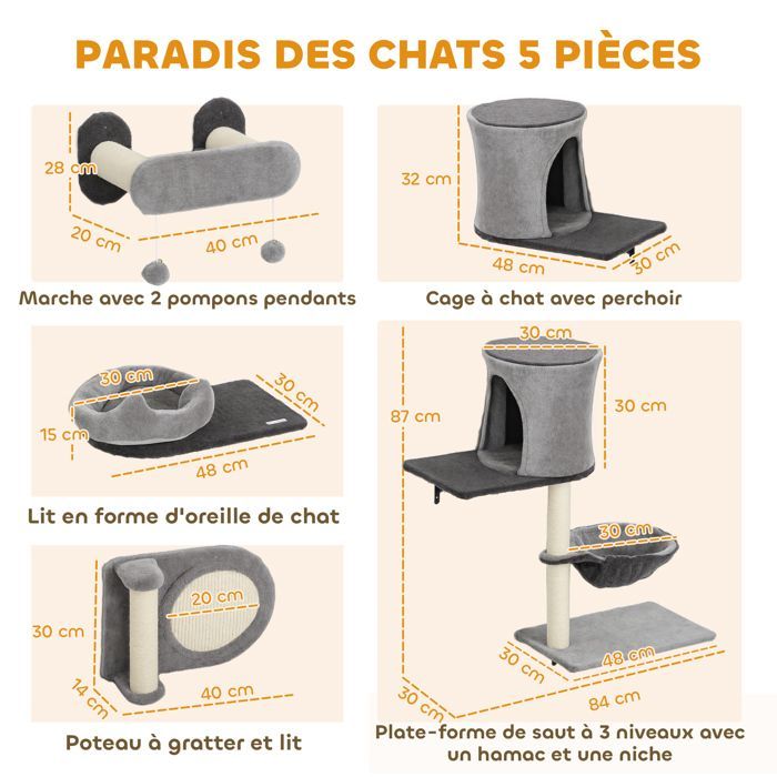 Étagères murales pour chat arbre à chat mural 5 pièces 2 niches hamac plateformes griffoirs en sisal gris
