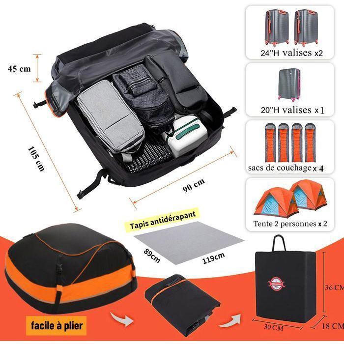 Coffre De Toit Voiture - 425L/15 Pieds Cubes - 900D Tissu d’Oxford - Sac de Toit Voiture Pour Voyage Souple Résistant aux