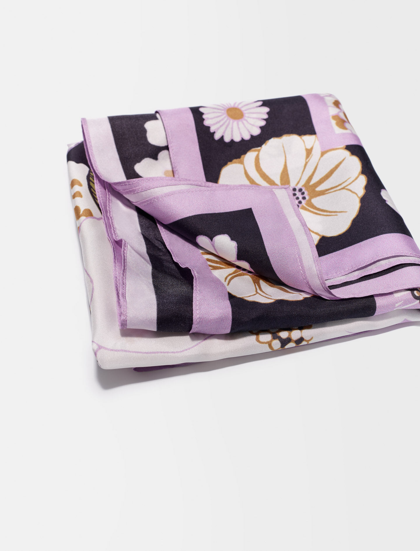 Zijden sjaal met bloemenprint - Fleur jaren 70 noir