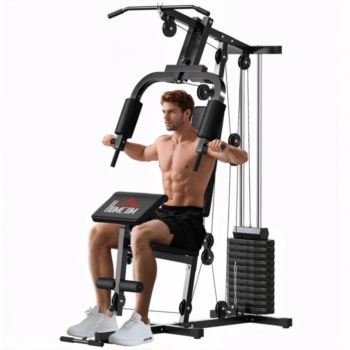 Estación de entrenamiento con pesas - HOMCOM - barra de dominadas mariposa con 12 discos, 65 kg - acero - negro