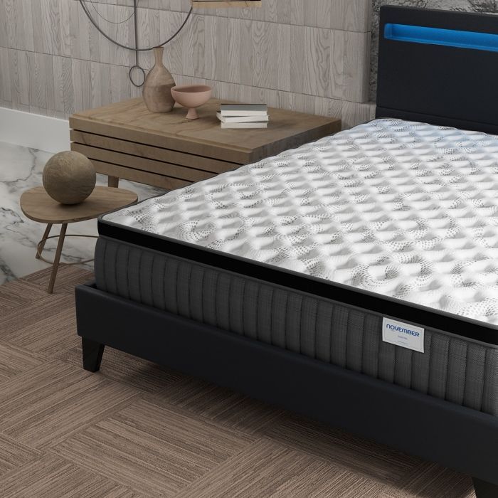 Colchón y cama (140x200cm) - Elekctra 30cm Muelles ensacados y espuma viscoelástica + Base de láminas estable y cabecero LED Negro