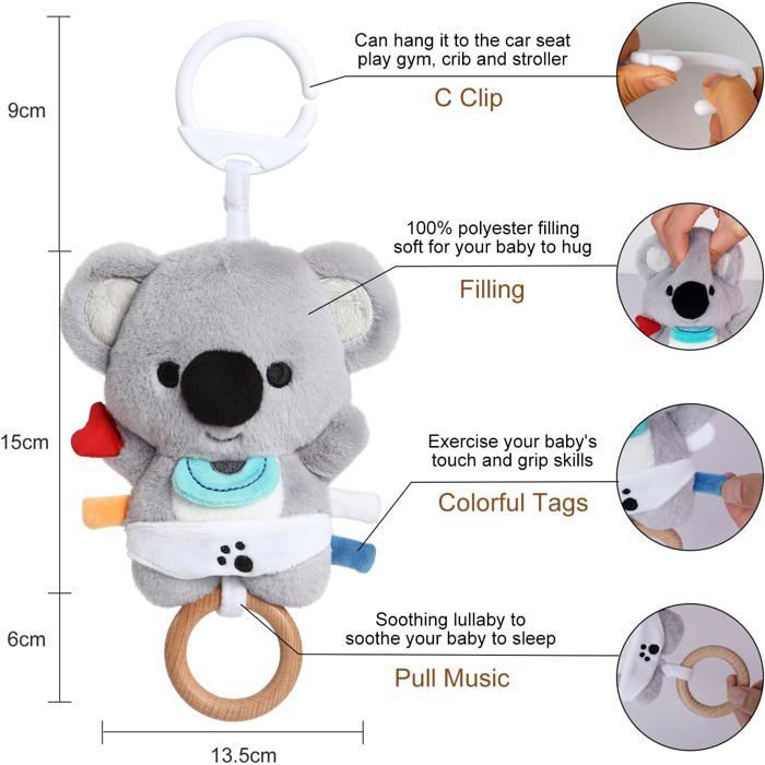 Pelúcia de coala bebê com música suave - Brinquedo musical para aconchegar o bebê no carrinho e no berço - Presente ideal para recém-nascidos