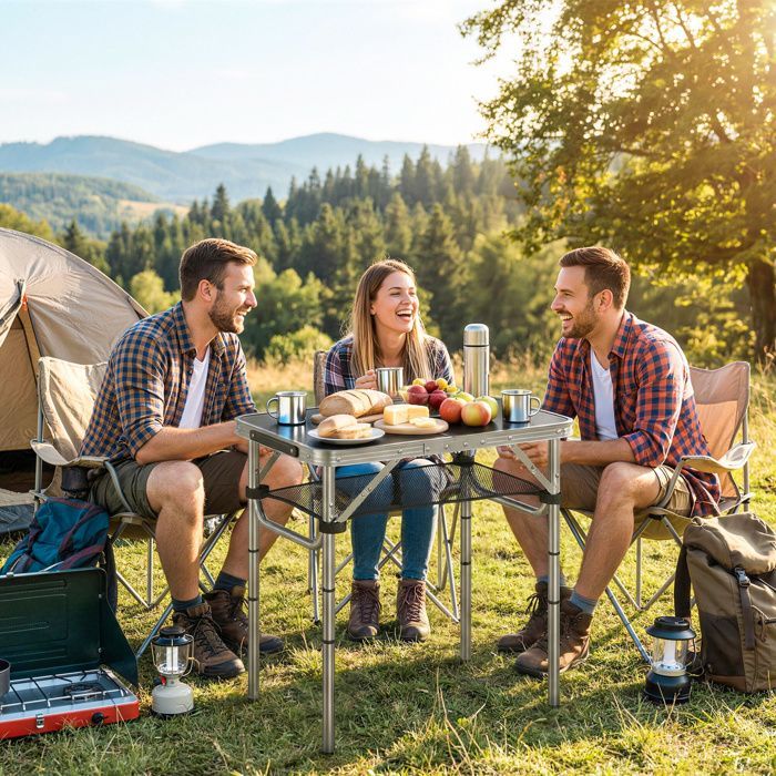 Table de camping pliante - Outsunny - 4 hauteurs réglables - rangement en filet, poignée - aluminium - 60 x 40 x 60 cm - noir