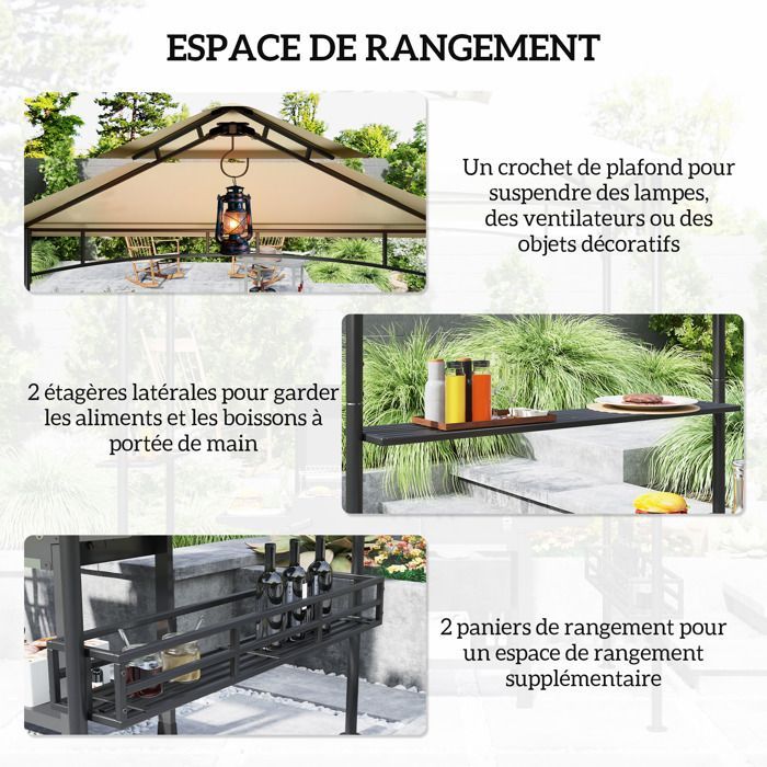 Gazebo per barbecue, pensilina da giardino per reception, gancio a soffitto, mensole e cestini, 240 x 150 x 257 cm, beige