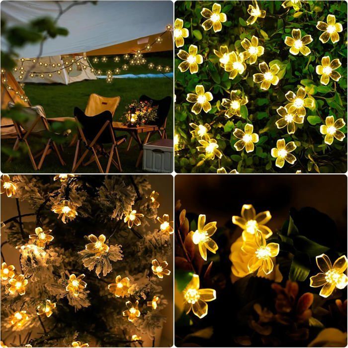 Cordão de luzes solares para exterior, luzes LED à prova d'água em formato de flor, 40 LEDs, à prova d'água, 8 modos (branco quente)