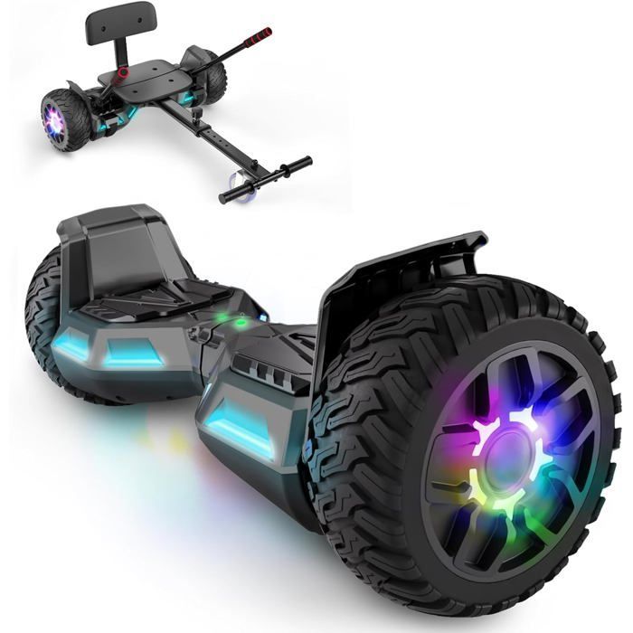 Hoverboard con asiento integrado, 8,5 pulgadas con altavoz Bluetooth y luces LED para niños (incluye kart a pedales), gris