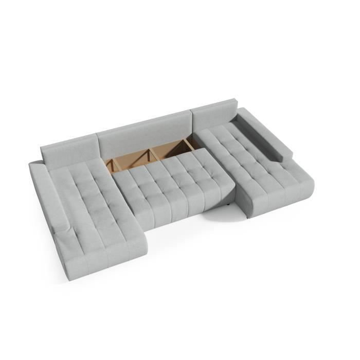 BELUTI - Panoramic U-shaped corner sofa bed. Designer fabric. Bed + Storage compartment (Light Grey)