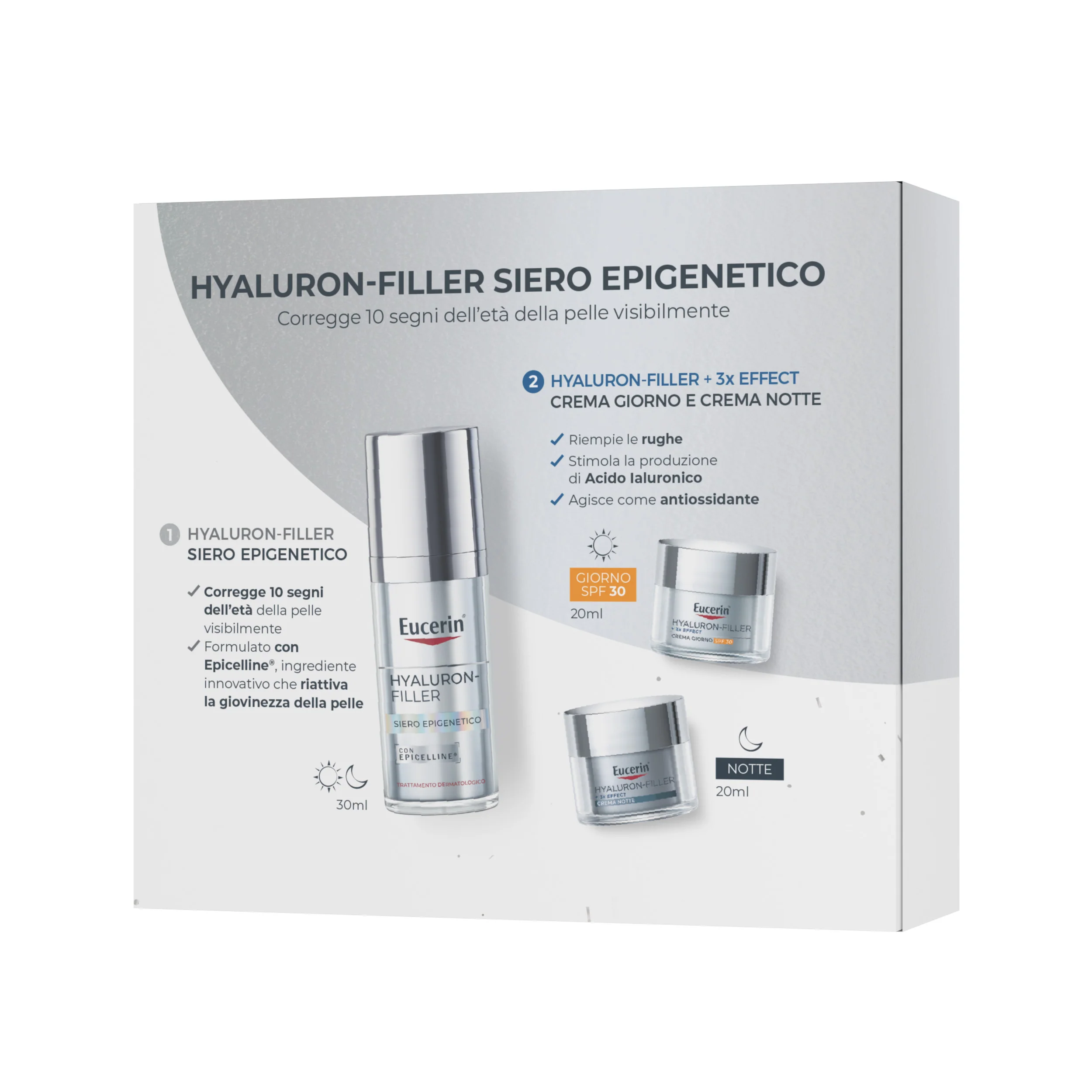 Hyaluron-Filler XMAS PACK EPIGENETIC (Siero Epigenetico + Mini Crema giorno SPF30 + Mini Crema notte) - Cofanetto Antirughe, Siero viso antirughe