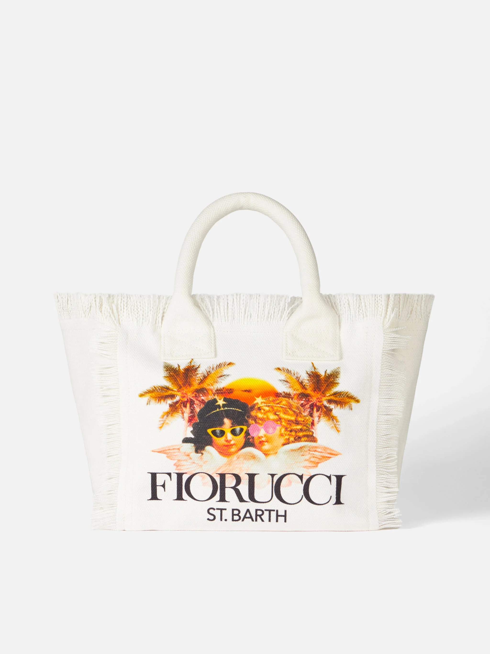 Colette White Canvas Fringed Handbag – Fiorucci Angels Print, Logo, Zip Closure & Inside Pocket | MC2 Saint Barth | FIORUCCI SPECIAL EDITION