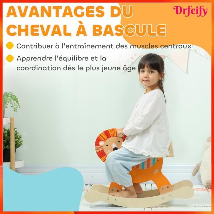 12787 Cheval à bascule pour enfants, lion jouet à bascule bébé en bois avec guidon et base stable, 59 x 27 x 43 cm, orange