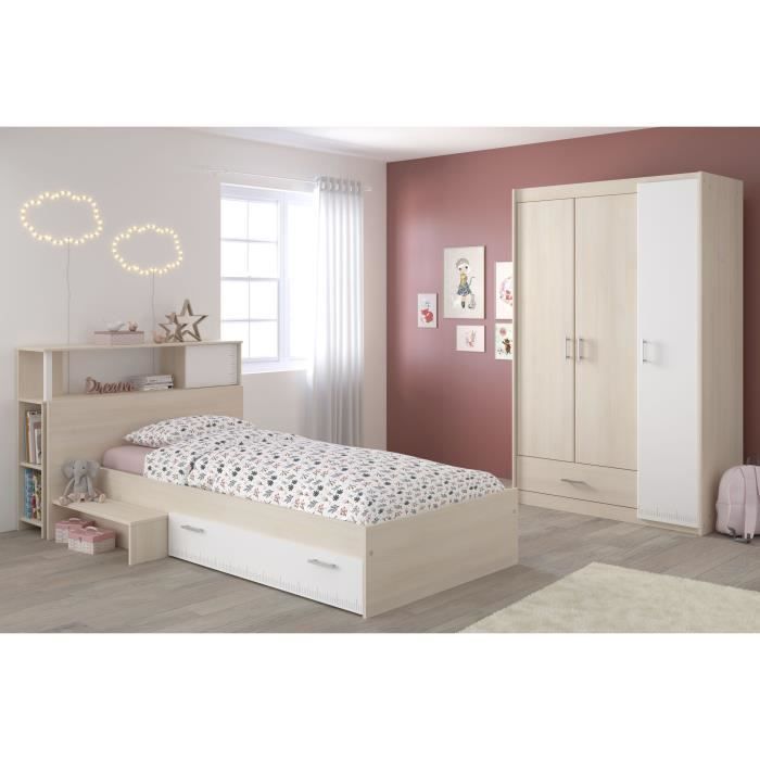 Conjunto completo de dormitorio infantil PARISOT - Cabecero + Cama + Armario - Estilo contemporáneo - Decoración en madera de acacia clara y blanco - CHARLEMAGNE
