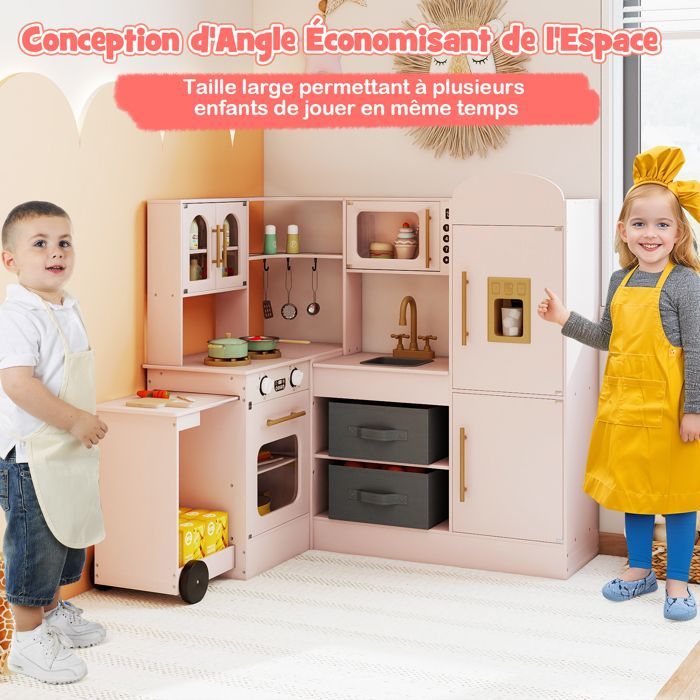 Cuisine Enfants XXL Interactif COSTWAY en Bois - 3 Ans+ avec Plateau Rétractable, Lumières et Sons 16 Accessoires Rose