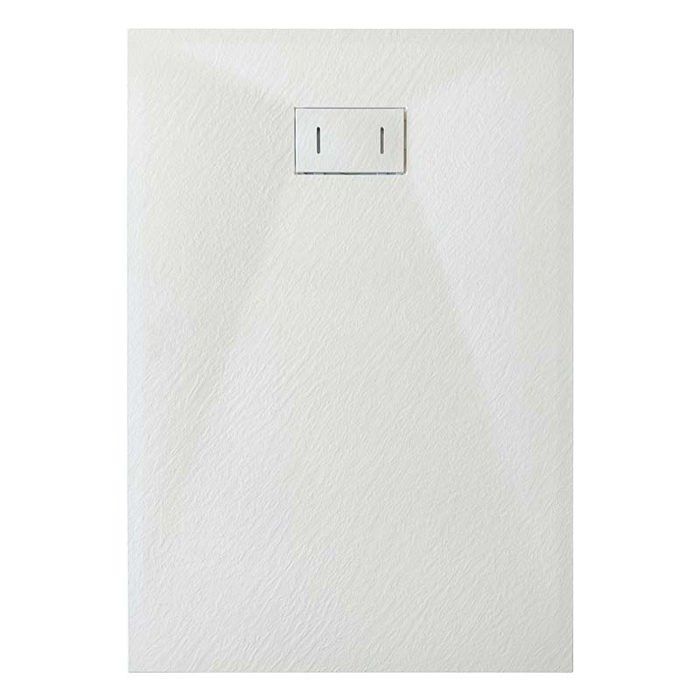 Plato de ducha de fibra de vidrio SMC con efecto piedra y desagüe incluido, 2,6 cm de alto, 70 x 140 cm, blanco.