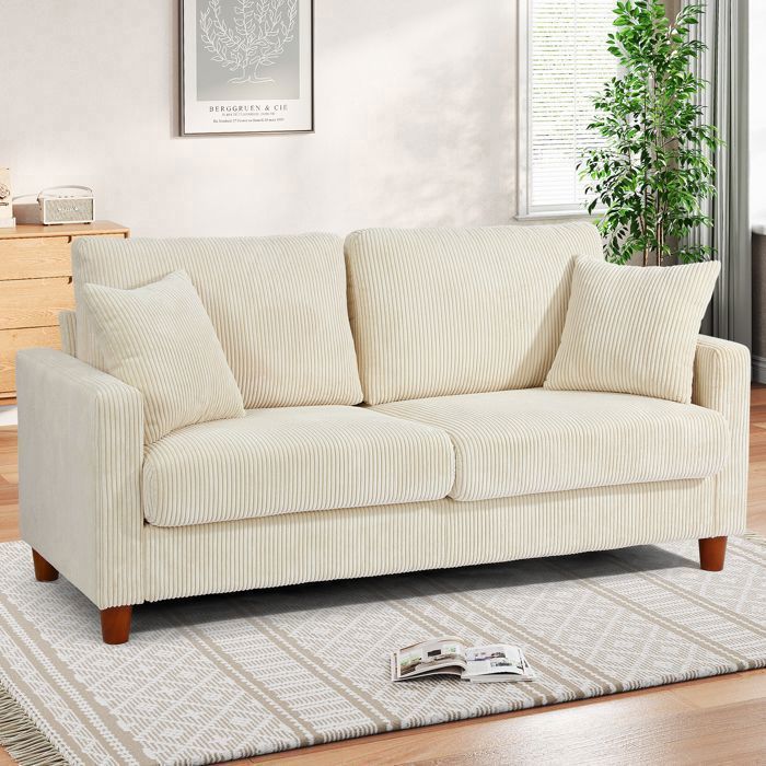 Sofá de 2/3 plazas en pana beige, estilo escandinavo, con 2 cojines y 2 almohadas para salón, 178×76×84cm