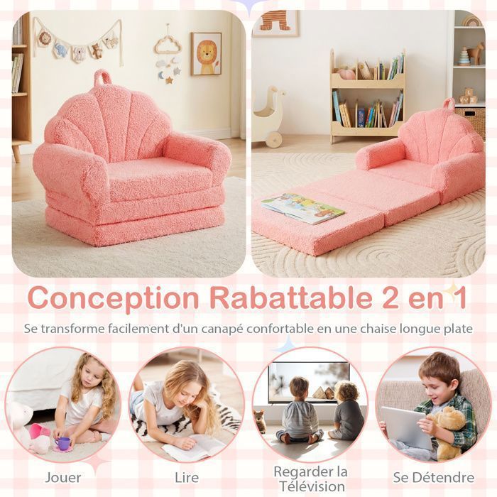 Canapé pour Enfants Pliable COSTWAY Convertible 2-en-1 avec Motifs de Coquillages, Poignée Légère, Base Anti-Dérapante, Rose