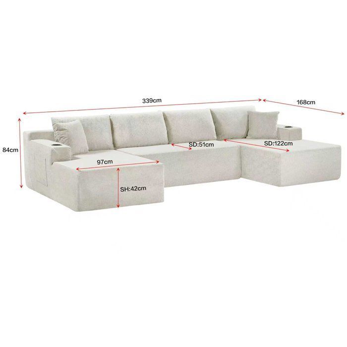 Canapé compressé modulable - 4 places - ROGER - Tissu Beige crème - Rangements & Porte-verres - 339 x 168 x 84 cm