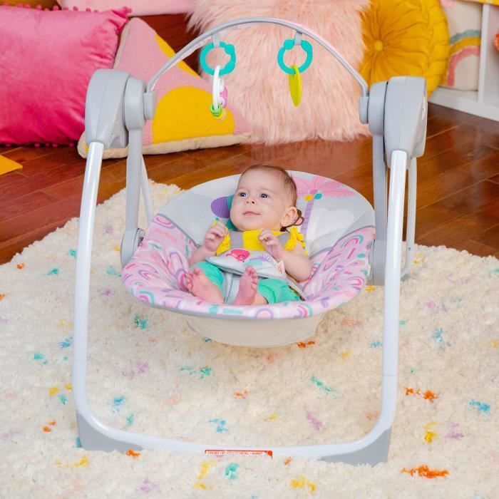 Balanço Elétrico Compacto para Bebê BRIGHT STARTS – Animais, Rosa, 6 Velocidades de Balanço, 10 Músicas, 2 Posições de Reclinação