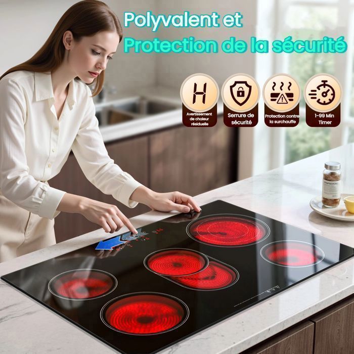 Keramische glazen kookplaat, inbouwkookplaat, 5 branders, 77 cm breed, 8500W, 9 vermogensniveaus, touchbediening, geschikt voor alle pannen.