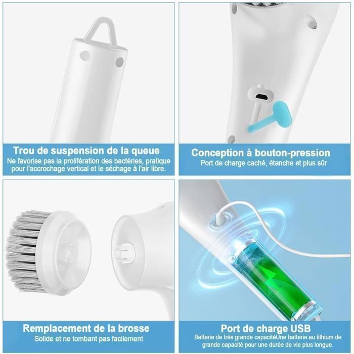 Brosse de Nettoyage Électrique - 5 Têtes de Brosse Interchangeables, 360° Brosse vaisselle, pour nettoyer la cuisine, la douche, l'é