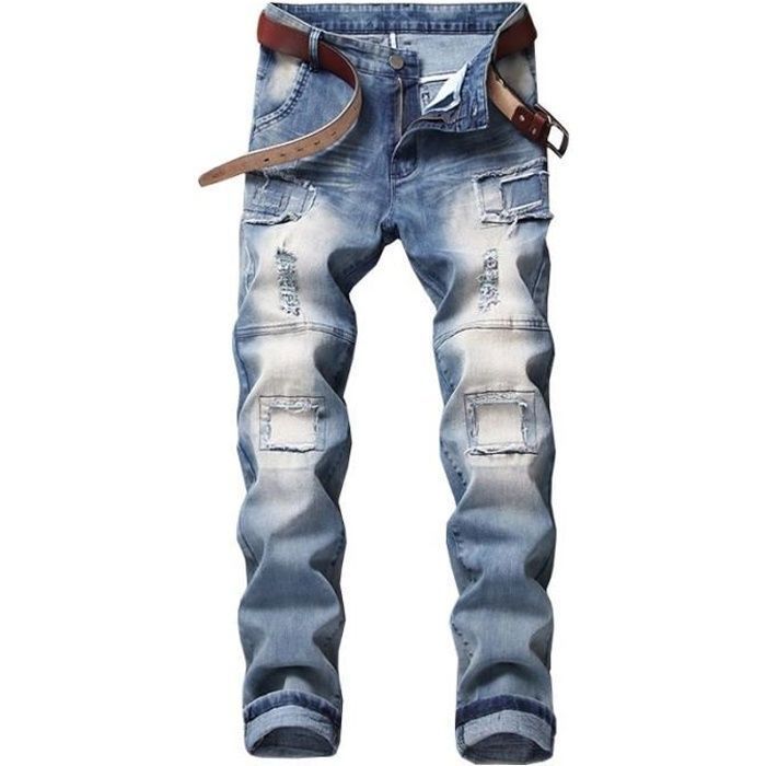 Men's Regular Fit Fashion Ripped Patch Jeans - Blue - INSFITY - Standard Size - 100% Cotton