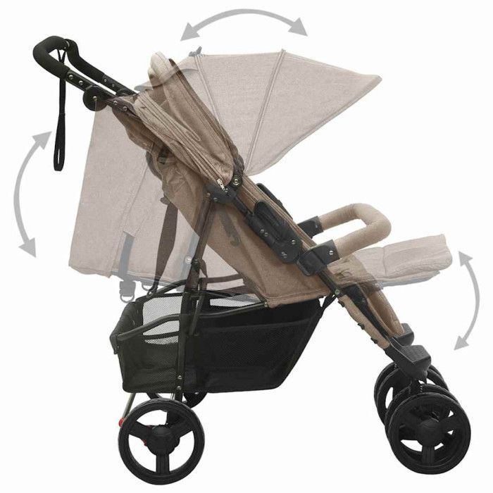 vidaXL Poussette à deux places Taupe Acier