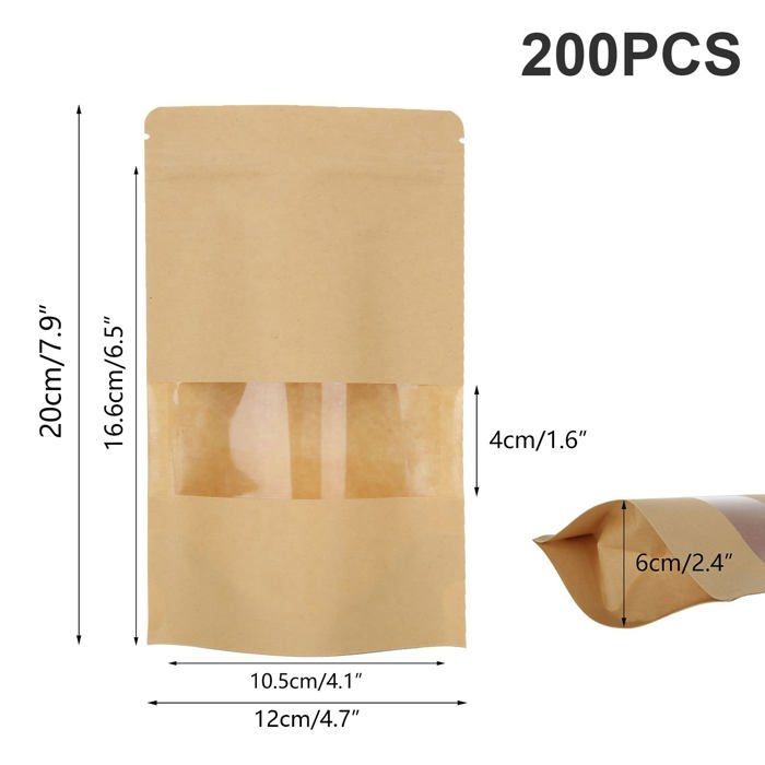 Bolsas de papel kraft para alimentos - 12x20 cm - Paquete de 200 - Reutilizables - Impermeables