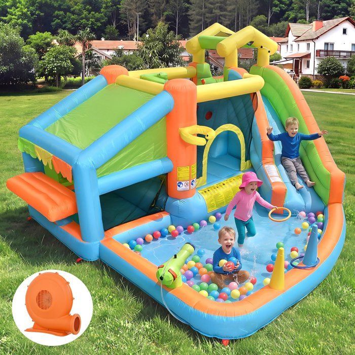 Aufblasbare Burg für Kinder, Wasserpark, aufblasbarer Spielbereich mit 580-W-Gebläse, Rutsche, Pool und Wasserpistole für Kinder von 3 bis 10 Jahren