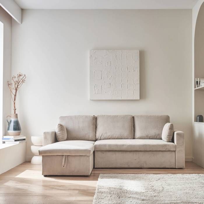 Sofá esquinero convertible de pana beige - IDA - 3 plazas. Sillón esquinero reversible con compartimento de almacenamiento y cama modular.