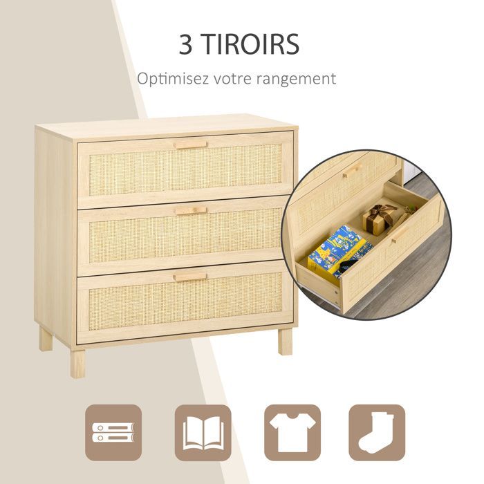 Cómoda - HOMCOM - 4 cajones, caña de ratán, mueble de almacenamiento para dormitorio - MDF - 80x40x80cm - madera clara