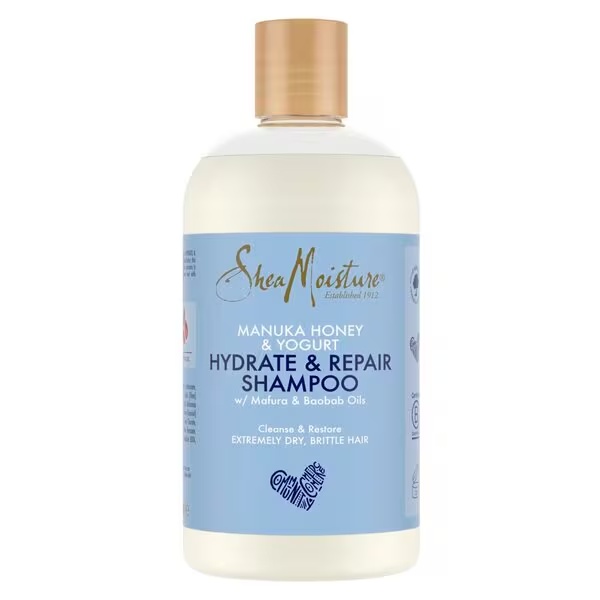 „SheaMoisture“ drėkinamasis ir atkuriamasis šampūnas su manukos medumi ir jogurtu, 384 ml