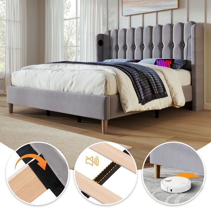 Lit double 140x200 cm Lit adulte 2 personnes Lit capitonné avec chargeur USB Type C, cadre de lit avec sommier à lattes, lin, gris