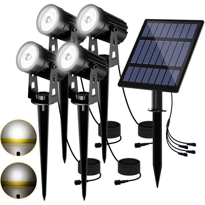 4-Piece Solar Spotlight Set, Waterproof 6000K LED Solar Floodlights with 12M Cable for Patio, Yard, Paths, Trees