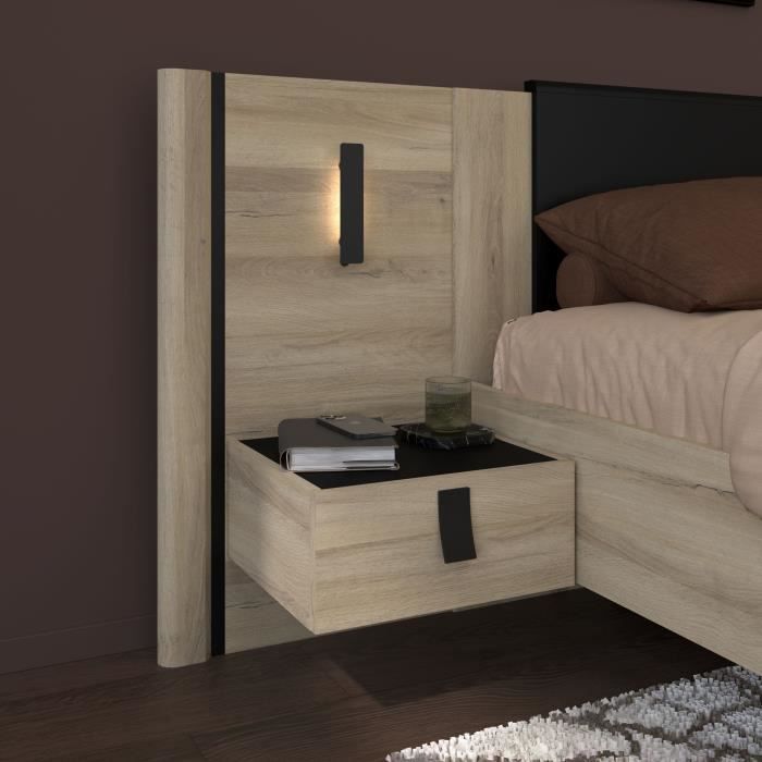 Lit double adulte avec 2 chevets - KIERAN - 160 x 200 cm - Décor Chêne / Noir - PARISOT