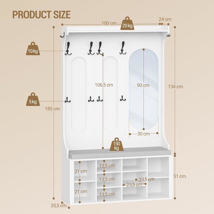 Perchero con banco para zapatos, mueble de recibidor con espejo, 10 ganchos, estantes ajustables, para pasillo, sala de estar, blanco