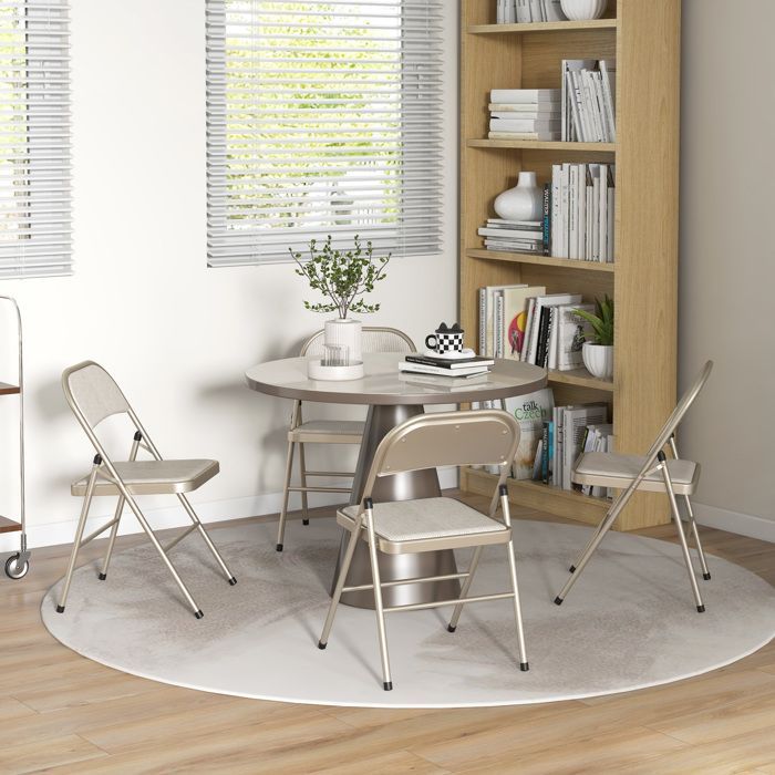 Lot de 4 chaises pliantes HOMCOM chaises de salle à manger portables avec coussin en lin et cadre en acier beige